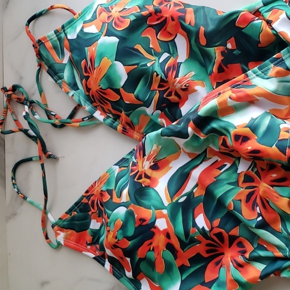 Grace Karin Halter One Piece Swimsuit Deep V Neck Green & Red Floral Pattern S - Picture 2 of 9